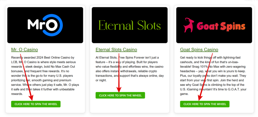 How to activate Bonus Wheel for participating casinos - Mr. O, Eternal Slots and Goat Spins