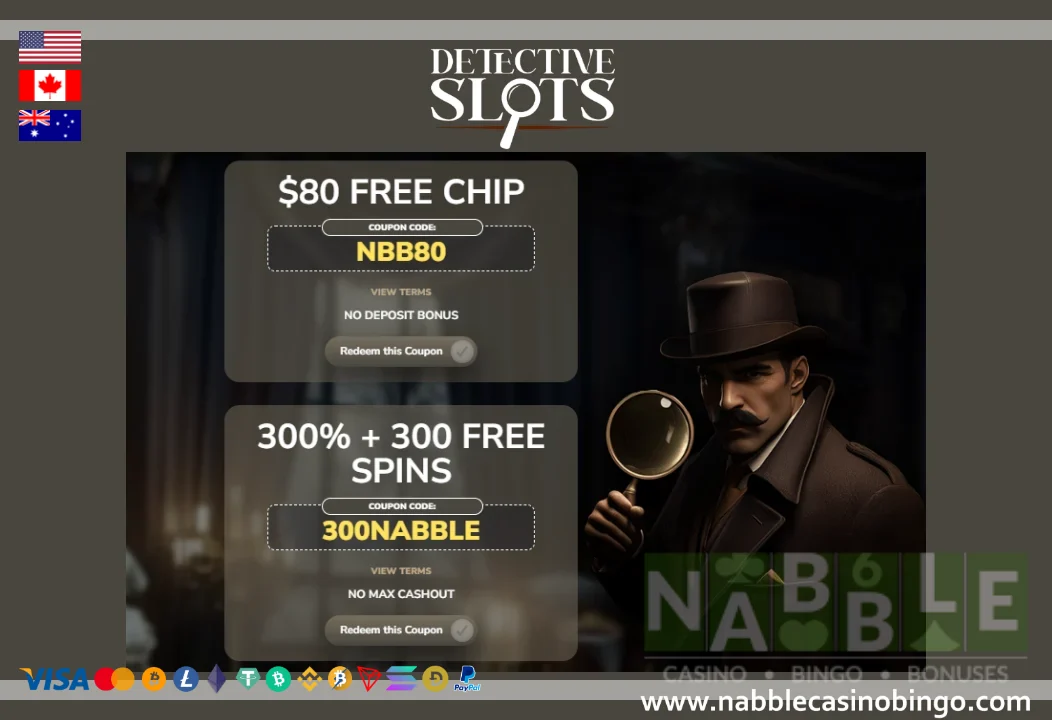 Detective Slots Casino - $80 Free No Deposit + 300% Bonus with Free Spins