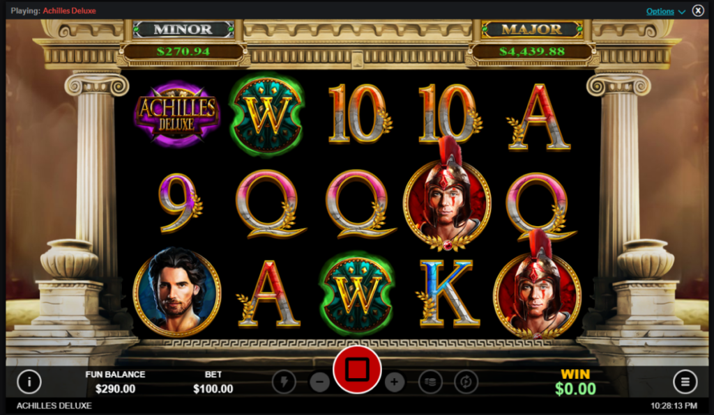 Screenshot of Achilles Deluxe slot by Realtime Gaming, featuring ancient Greek warrior symbols, wild shields, and free spins with jackpot potential.