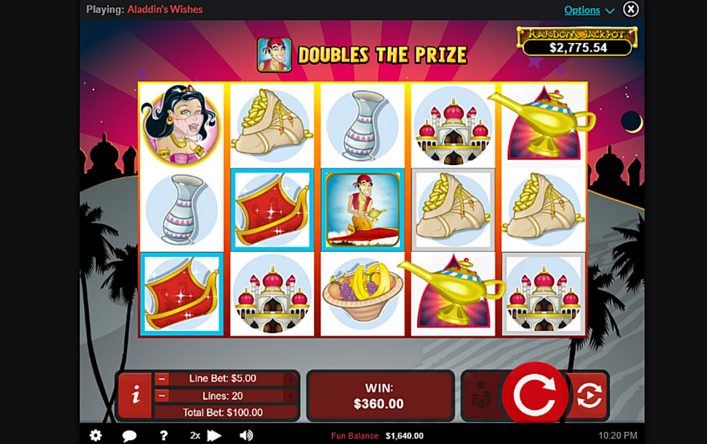 Screenshot of Aladdin’s Wishes slot by Realtime Gaming, showcasing a magical theme with 5 reels, wilds, scatters, and free spin multipliers.