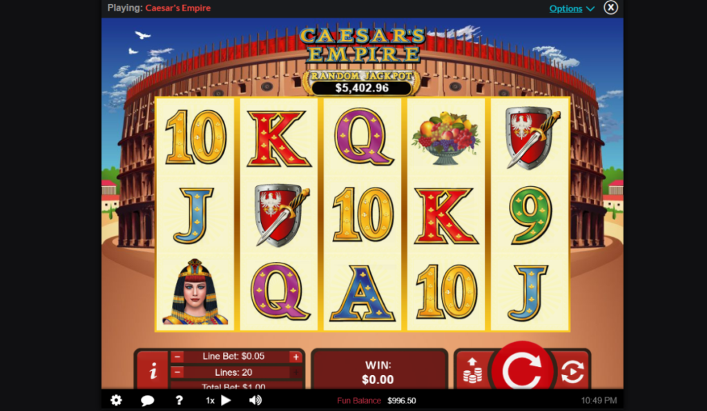 Screenshot of Caesar’s Empire slot by Realtime Gaming, showcasing Roman-themed visuals, Caesar wilds, Coliseum scatters, and a 10 free spin bonus round with 2x multipliers.