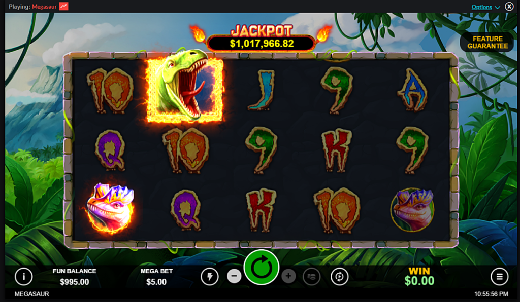 Screenshot of Megasaur slot by Realtime Gaming, showing dinosaur-themed reels, volcano scatter symbols, and free-spin bonus with wild multipliers.