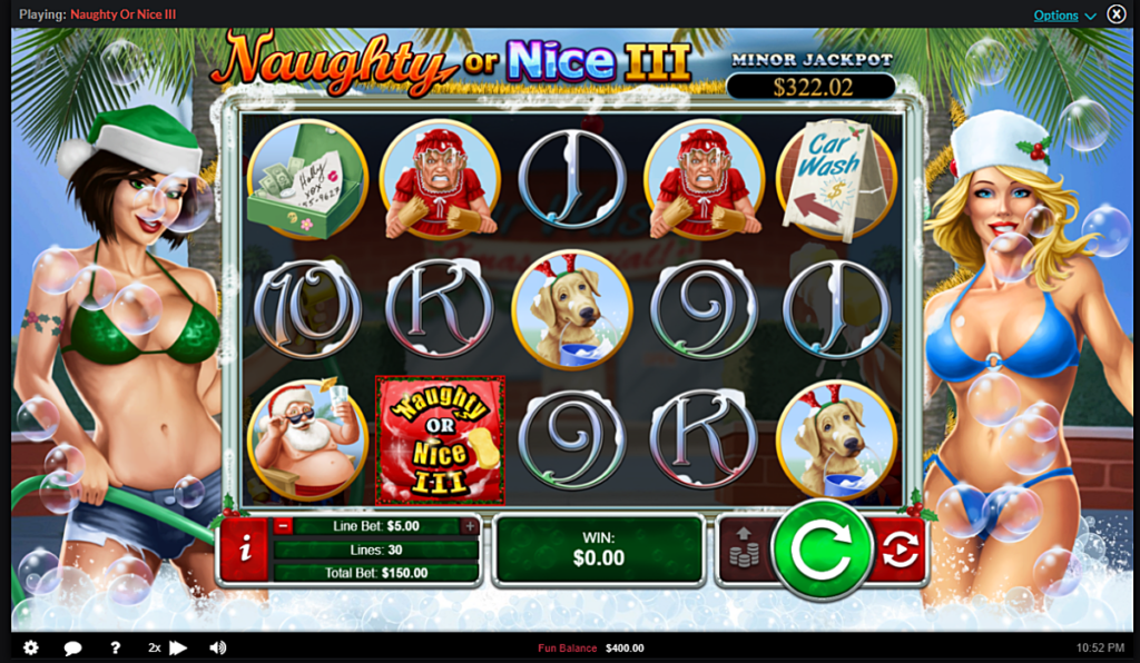 Screenshot of Naughty or Nice III slot by Realtime Gaming, featuring Christmas-themed graphics, dual wilds, scatter-triggered free spins, and random jackpot prizes.